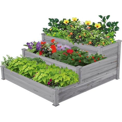 Yaheetech Letto Orto Rialzato da Giardino Etserno Interno Grande a 3 Livelli Aiuola Rialzata Vasca per Piante in Legno 120 x 120 x 56 cm Grigio