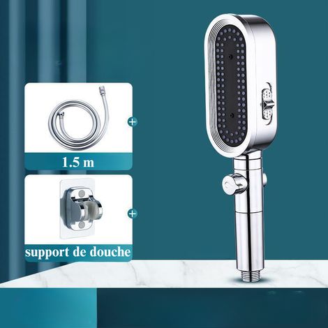 Pommeau de douche 3 modes, adoucisseur d'eau et buses anti-obstruction. 1,5 mètres de tuyau flexible + support.Système de lavage puissant intégré pour nettoyer les baignoires(Argent). (1/5)