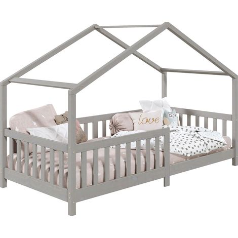 Idimex – Lit cabane 90 x 200 cm – Pin massif lasuré gris – Couchage proche du sol pour autonomie enfant – Barrière modulable droite/gauche
