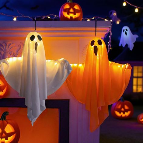 Lot de 2 fantômes lumineux à suspendre, 3 modes d'éclairage LED, fantômes effrayants, pour maison, fête, cour, jardin, maison hantée, décorations d'Halloween en plein air (1/5)