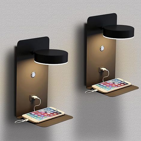 2 Pack LED Applique 12W Applique de Chevet Dimmable Lampe de Lecture Mmurale Reglable a 330°Murale Intérieure Avec Interrupteur et Interface USB Liseuse Avec Plateau Noir (1/5)