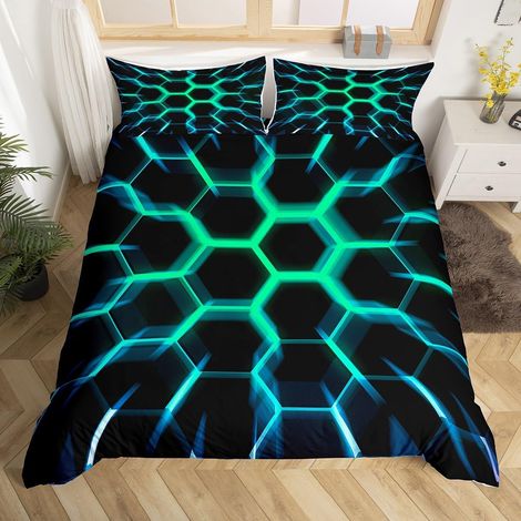 220 x 240 Geometric Hexagonal Duvet Cover, Honeycomb Bedding Set for Boys Kids, 3D Geometric Hexagonal Hive Pattern Bedding Set, Black Teal, Ultra Soft (1/5)