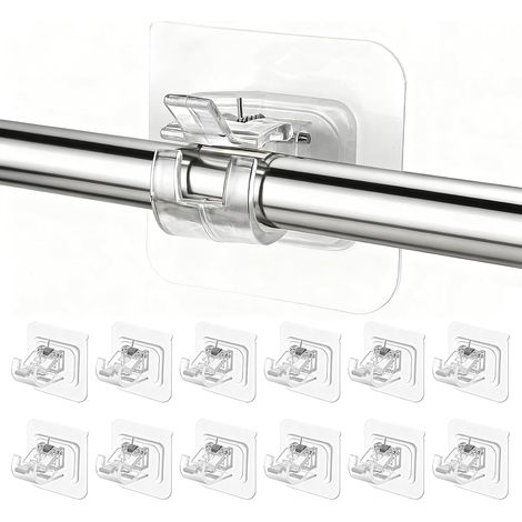 12 Pièces Support Tringle Rideaux sans Percage, Crochet Rideau Adhesifs Transparent avec Accroche Barre Porte pour Porte-Serviettes, Salle Bain, Hôtel, Cuisines (1/5)