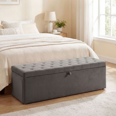 Banc de rangement en velours 140 L avec assise large et rembourrée. Charge maximale : 240 kg. Chambre, salon, entrée. Gris.