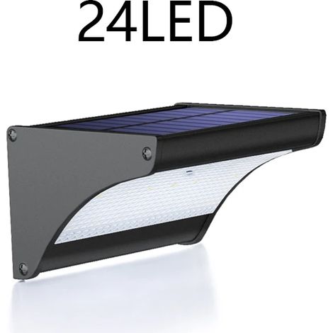 (Éclairage blanc - 24 LED - Noir) Appliques murales solaires pour jardin extérieur, lampe solaire avec capteur radar, éclairage de rue en aluminium, 6000 mAh, étanche. (1/5)