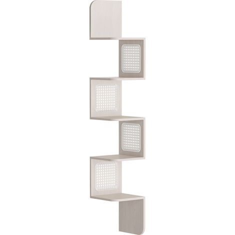 Étagère d’Angle, Étagère Murale Flottante à 5 Niveaux, Étagère d’Angle en Zigzag, Côtés en Rotin PVC, Gain de Place, pour Cuisine, Chambre, Salon, Style Boho, Beige Avoine