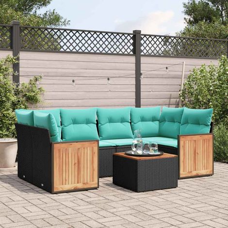 7-teiliges Gartensofa-Set mit Kissen, schwarzes Polyrattan (1/5)