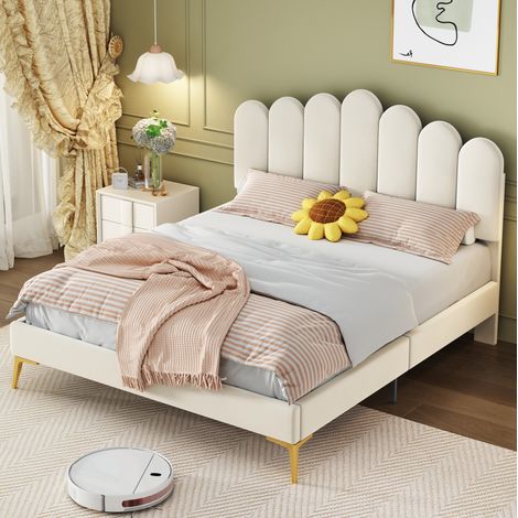 Bett Polsterbett Doppelbett 140x200 Samt Beige HAVRYA (1/5)