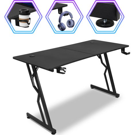 SWANEW Scrivania da gioco con tappetino per mouse, portabicchieri e gancio per cuffie, gambe della scrivania a forma di Z Scrivania da gioco - 140x60cm, senza LED (1/5)
