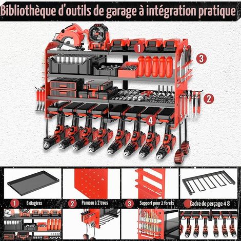 Organisateur d'outils électriques à fixation murale, support de rangement d'outils électriques en métal avec porte-tournevis, étagères de rangement d'outils de garage (1/4)