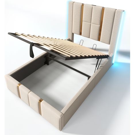 Cama abatible 90x200 con LED y carga USB-C, cabecero acolchado beige, MODENUIT (1/5)