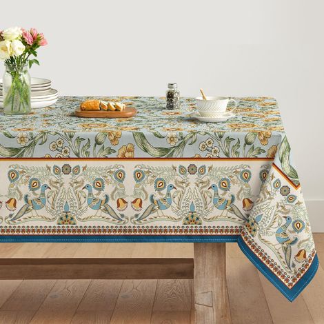 Tischdecke 140x200 cm rechteckig, pfauenblumen-Design, fleckschützend, Polyester, grün
