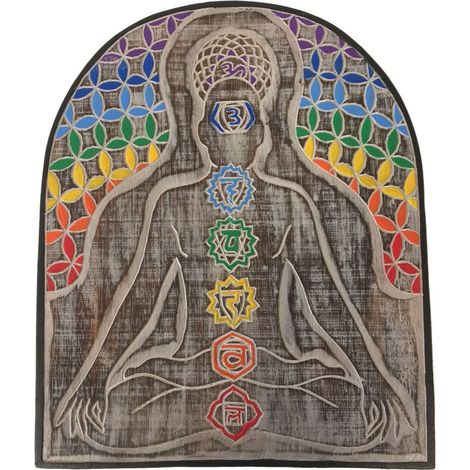 Décoration murale en bois patiné Chakras sukhasana