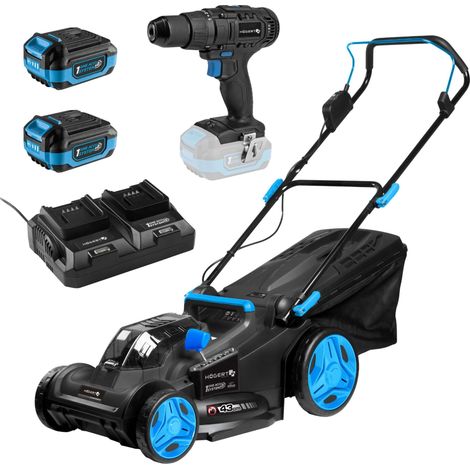 Tondeuse à Gazon sans Fil Set 43 cm 2x18V avec perceuse-visseuse 50 Nm, 2X Batteries 4,0 Ah et Chargeur Duo, Tondeuse électrique sans balais Set Complet Jardin et Atelier (1/5)