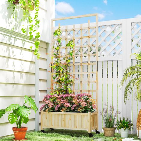 Jardinière avec treillis bois naturel pour plantes grimpantes bac à fleurs avec roues bois massif 82.5x35x186cm finition de qualité