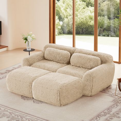 Sofá modular de 2 plazas de tela peluche 204x179x73 cm – Sofá con chaise longue combinable, reposabrazos ergonómicos, base antideslizante y tela elástica – Beige (1/5)