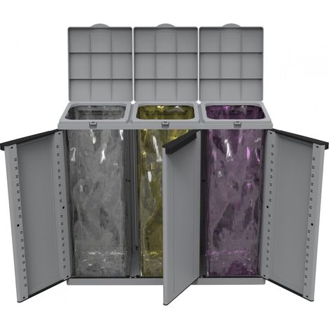 Poubelle d'extérieur en résine antichoc – 3 portes – 102 x 39 x 89 cm – Pour collecte séparée avec couvercle refermable – Terry