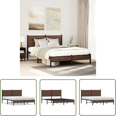 The Living Store Metallbett ohne Matratze Braun Eichen-Optik 150x200 cm - Metallbett - Doppelbett - Boxspringbetten - Eiche Optik - Massivholzbett (1/5)