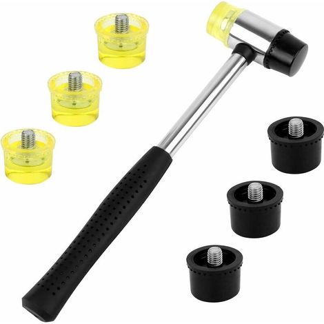 1pcs Maillet en Caoutchouc Maillet Double Face Marteau en Caouthouc avec 6pcs Face Remplaçable Poignée en Caoutchouc Antidérapant Noir et Jaune Pour le Bois l’Artisant le Cuir (1/5)