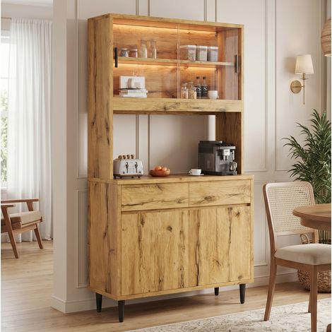 Credenza da cucina alta con illuminazione a LED, porte USB-A/USB-C e ante in vetro, in truciolato effetto rovere, 100x40x185 cm (1/5)