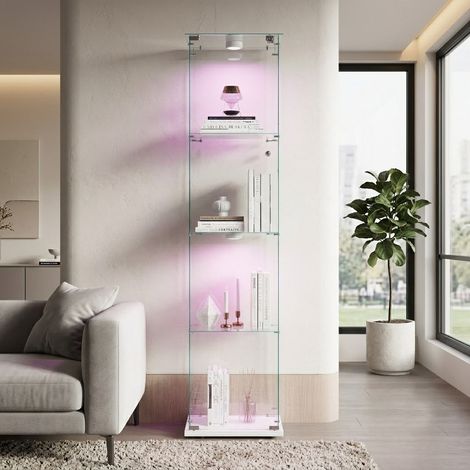 Vitrina de cristal con lámpara - Vitrina moderna independiente de cristal templado transparente con 4 estantes y puerta - Colección de vitrinas - Blanca