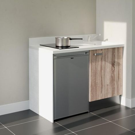 Kitchenette K08L - 120 cm - plan monobloc évier intégré Snova- évier à droite - Façades Bois + Electroménager inclus coloris Inox