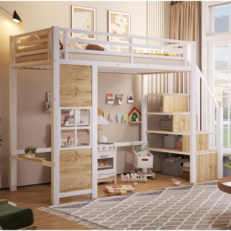 Hochbett 90 x 200 cm aus Metall und MDF, mit Stauraumtreppe, weiß HAVRYA (1/5)