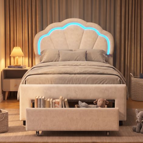 Lit simple 90x200 cm, lit enfant avec LED RGB et tiroir de rangement, tête de lit coquillage réglable et sommier, Velours, Blanc