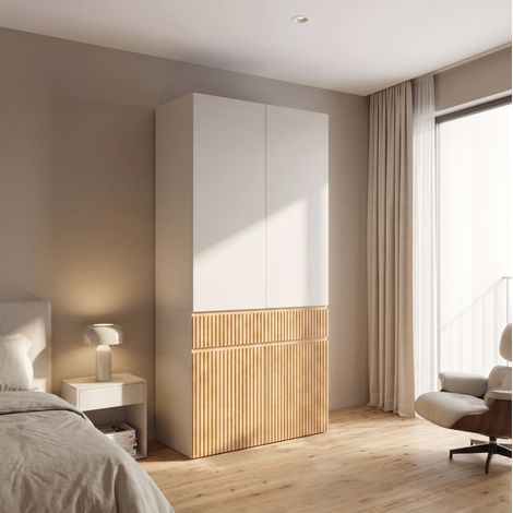 Armoire-penderie 90 x 50 x 200 cm, 4 portes, 1 tiroir et 1 tringle, meuble de rangement en bois clair et gris pour chambre, entrée ou bureau – CHICFURN (1/5)