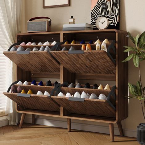 Scarpiera doppia per 18–24 paia, stile scandinavo, gambe in legno, MDF, 105x24x90 cm, marrone (1/5)
