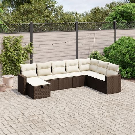 Salon de Jardin 8 Places Modulaire en Résine Tressée Marron avec Coussins Crème et Coffre de Rangement Intégré (1/4)