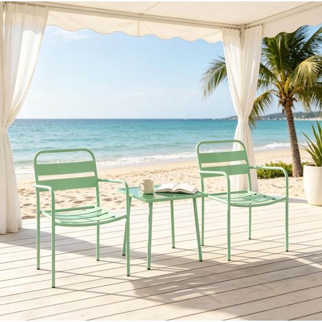 Set de 2 sillas de jardín con mesa bistró cuadrada de vidrio templado, acero galvanizado verde y pies niveladores para terraza, balcón y patio – CHICFURN (1/5)