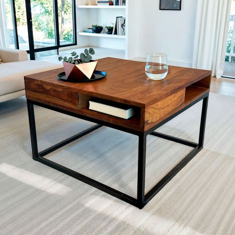 Table basse carrée 4 niches 60x40 cm en bois de sheesham et métal noir