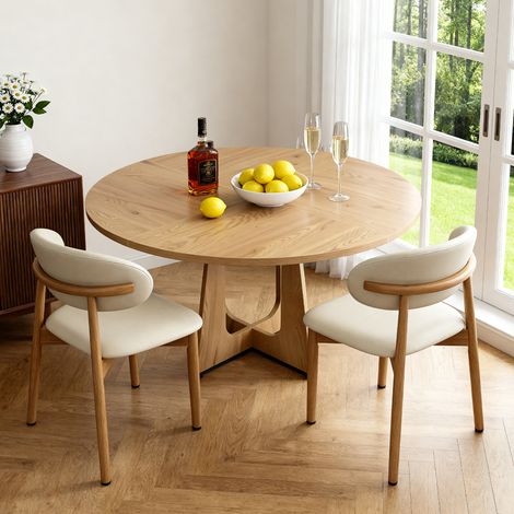 Conjunto de mesa redonda de comedor y sillas, 120 cm, con 2 sillas, patas regulables, MDF con acabado en roble natural.