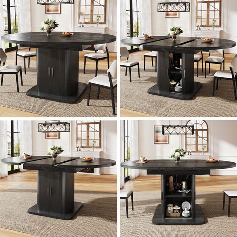 Table à manger extensible avec rangement 110–149,8 cm, portes coulissantes & étagère amovible, 2 couleurs (noyer / noir) (1/5)