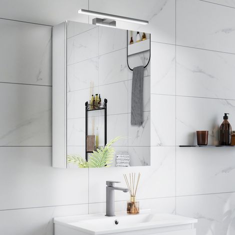 Specchio contenitore bianco a parete, con luce LED superiore, tre ripiani per lo stoccaggio (1/5)