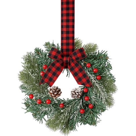 Miniatur-Weihnachtskranz mit Schleifenanhänger und Beeren, rot-schwarz kariert – 1 Stück (1/2)