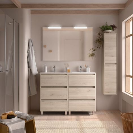 Meubles de salle de bain NOJA 1200 6 tiroirs NATUREL + plan vasque + miroir (1/3)