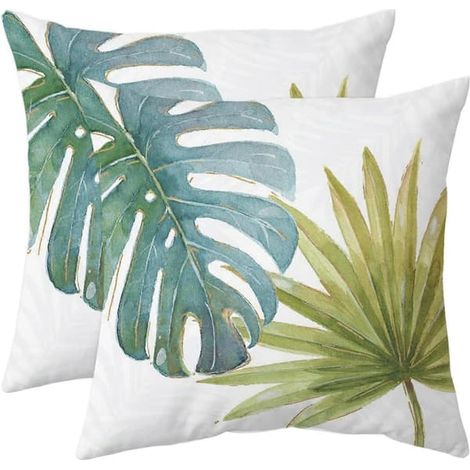 BelleRise - 2 housses de coussin décoratives à feuilles tropicales vert olive, style botanique Monstera et bananier, canapé ou extérieur (1/5)