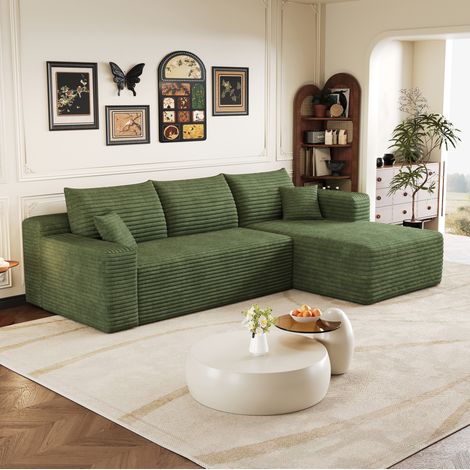 Divano angolare 241 cm verde in tessuto effetto velluto a coste con chaise reversibile e senza montaggio (1/5)
