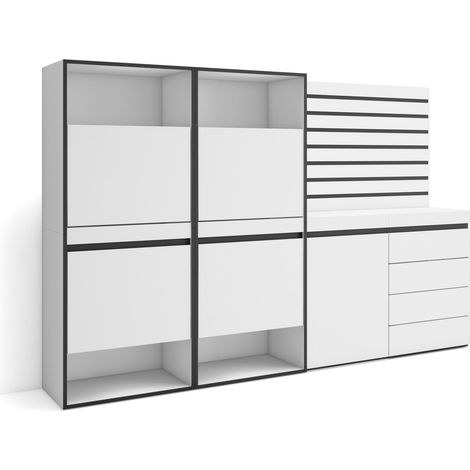 Skraut Home - Zapatero, Armario zapatos botas, 227x145x35 cm, Dormitorio, habitación, Cómoda, Cajonera, Listones Decorativos, Estilo Moderno, Blanco (1/5)