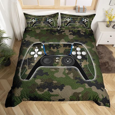 Gaming Parure de Lit 140x200cm Gamer Housse de Couette Enfants Jeux Vidéo Jeunesse Parure Housse de Couette Armée Camouflage Gamepad Thème Militaire Chambre Décor Réversible 2Pcs - 140 x 200 cm (1/5)