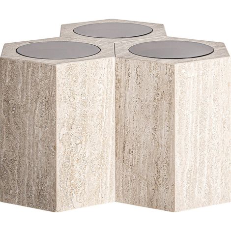 Table basse travertin style art déco brun clair sculptural - Brun clair effet travertin (1/5)