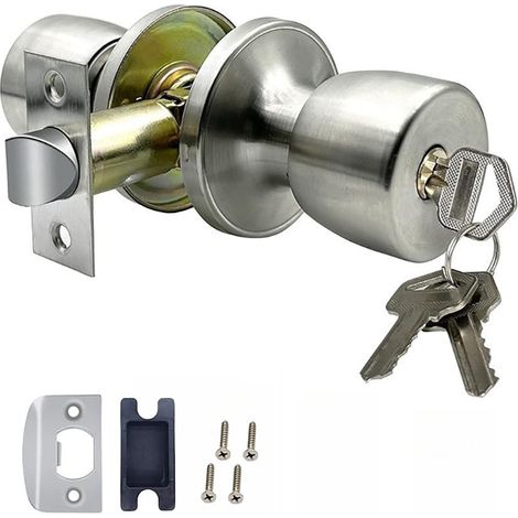 Poignée de porte avec serrure et clé, ronde, argent mat, serrure sphérique, adaptée à un usage domestique.