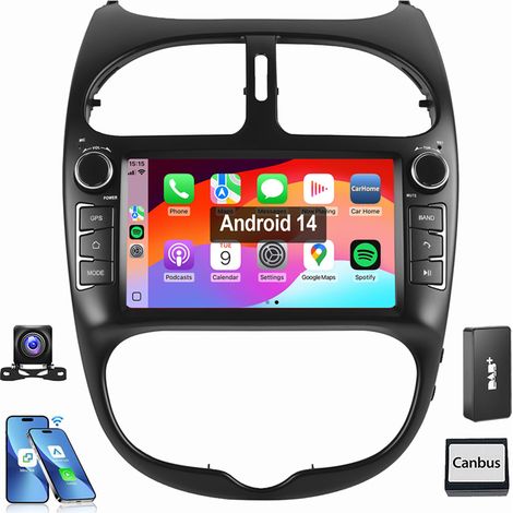 Autoradio Android 14 pour Peugeot 206 206 cc (2002-2008) Carplay GPS RDS 2+32G DAB+ CAM