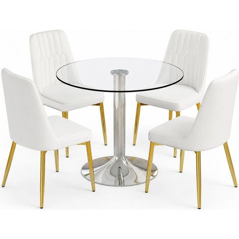 Essgruppe mit rundem Glastisch 85 cm und 4 PU-Esszimmerstühlen Weiß Gold MODENUIT (1/5)