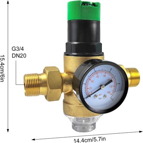 Verstellbarer 3/4-Zoll-Wasserdruckminderer, DN 20 Druckbegrenzer aus verdicktem Messing, Wasserdruckminderer mit Filter und Manometer, geeignet für Haus, Gebäude und Fabrik (1/5)