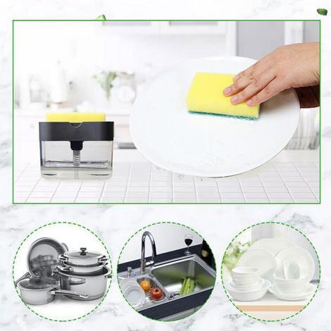 Distributeur de liquide vaisselle à pression, distributeur automatique avec porte-éponge, gris, pour la cuisine. (1/5)