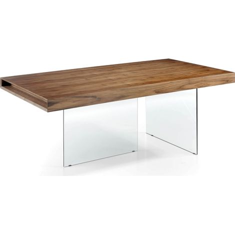 Table de diner bois pieds en verre trempé - Noyer, transparent (1/4)