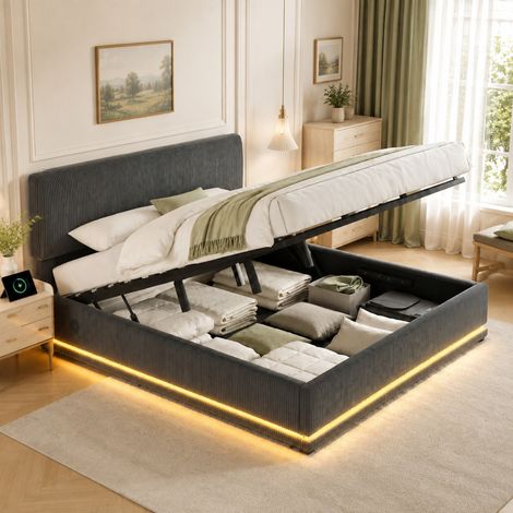 DESMIU Lit adulte 180 × 200 cm 2 places avec LED, USB-C, tête de lit réglable, rangement, sans matelas, cordon gris foncé (1/4)